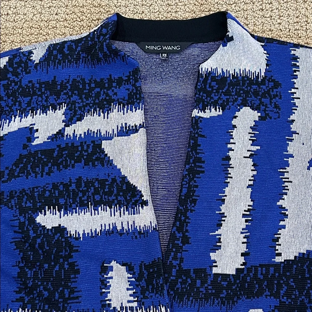 Ming Wang Black Blue Gray Abstract Print Single Button Front Blazer 2X Lagenlook